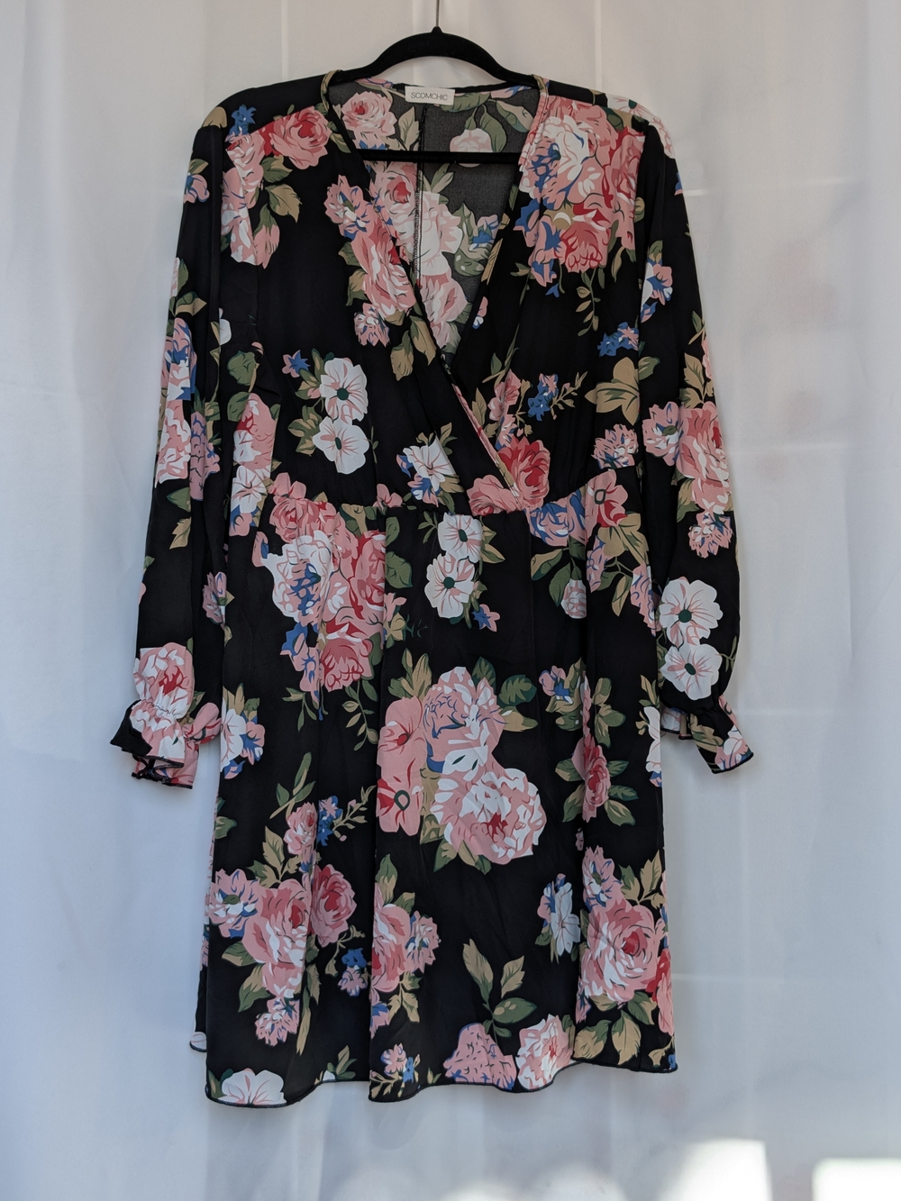 Floral Wrap Long Sleeve Dress - Black with Pink Blooms
